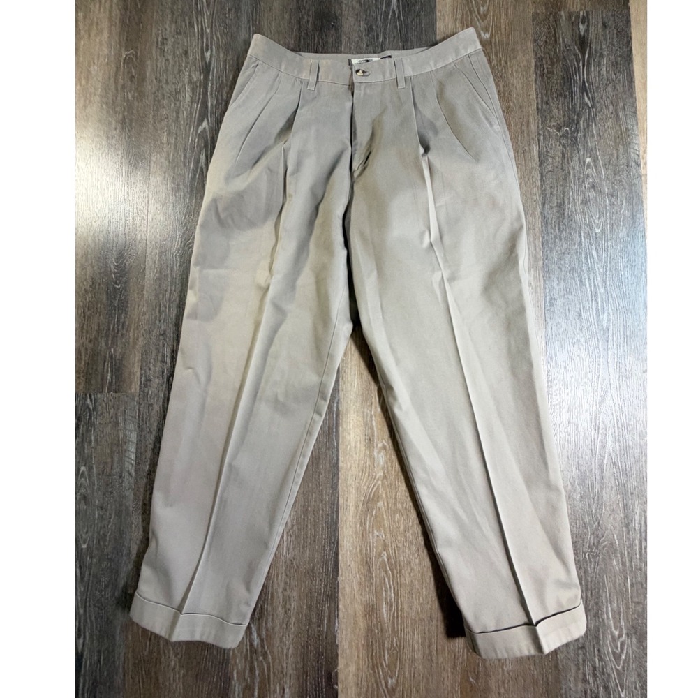 ALK Authentic Laundered Khakis Pants Mens 34x30 Tan Pleated Cuffed Trousers
